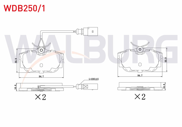 WALBURG WDB250/1 | Fren Balata Arka Fişli Volkswagen Transporter IV (70Xb,70Xc,7Db,7Dw) 2.4 D 1990-2003 / Transporter IV (70Xb,70Xc,7Db,7Dw) 2.5 TDI 1990-2003 / Ford Galaxy (Wgr) 1.9 TDI 1995-2006