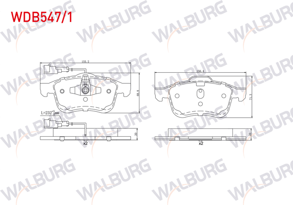 WALBURG WDB547/1 | Fren Balata Ön Çift Fişli Fiat Doblo (152,263) 1.6 Mjt 2010-/ Doblo (152,263) 1.3 Mjt 2010-/ Doblo (152,263) 1.9 Mjt 2010-/ Opel Combo D 1.6 CDTI 2012 -
