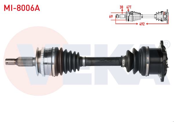 VEKA MI-8006A | Komple Aks Sağ On ABS li 47 Dıs Uzunluk 492mm Mitsubishi L200 (Ka_T, Kb_T) 2.5 Dı-D 4X4 07-15 / L200 (Kj_,Kk_,Kl_) 2.4 Dı-D 4X4 15-/ L200 (Kj_, Kk_, Kl_) 2.2 Dı-D 4X4 19-/ Fiat Fullback (502_, 503_) 2.4 D 4X4 16 -