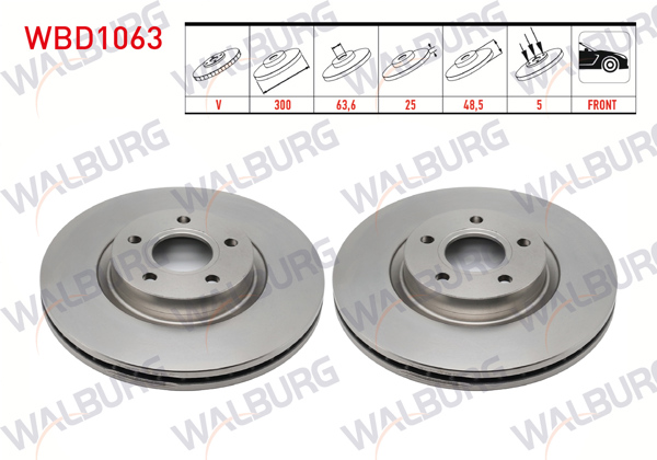 WALBURG WBD1063 | Fren Diski Ön Havalı 5 Bjn 300X25x63,5X48,5 Ford C-Max I-II 07-/ Grand C-Max 10-/ Focus II-III 04-/ Kuga I-II 08-/ Tourneo Connect 13-/ Volvo C30 06-12 / Volvo C70 II 06-13 / S40 II 04-12 / V50 04-12 | 2 Adet