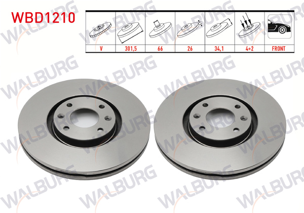 WALBURG WBD1210 | Fren Diski Ön Havalı 4 Bjn 301,5X26x66x34,1 207 (Wa,Wc)) 1.6İ 16V 2006-2012 / C4 (Lc) 2.0 2004-2009 / 307 (3A / C) 2.0 HDI 2000-2007 / 307 (3A / C) 2.0İ 2000-2007 | 2 Adet