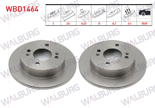 WALBURG WBD1464 | Fren Diski Arka Düz 4 Bjn 234X10x62,45X44,7 Hyundai i10 (Ba) 1.0 D-Cvvt-1.2 D-Cvvt 2013-/ i10 (Pa) 1.1İ 12V-1.1 CRDI 2008-2013 | 2 Adet