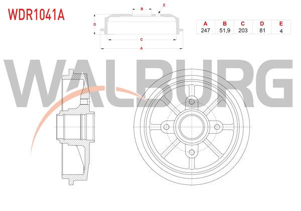 WALBURG WDR1041A | Fren Kampanası Arka 4 Delik Peugeot 306 1.6-1.8 1993-2002 / Citroen Xsara 1.4 HDI-1.6 1997-2005 / Zx 1.4 1991-1997