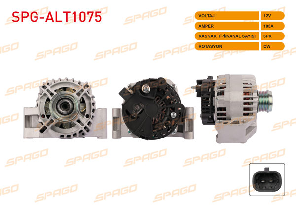 SPAGO SPG-ALT1075 | Alternatör 12V 105A 6Pk (Alt4428) Astra H 05-10-Corsa D 06-14-Meriva 10-14 (1.3 CDTI Araclar İçin)