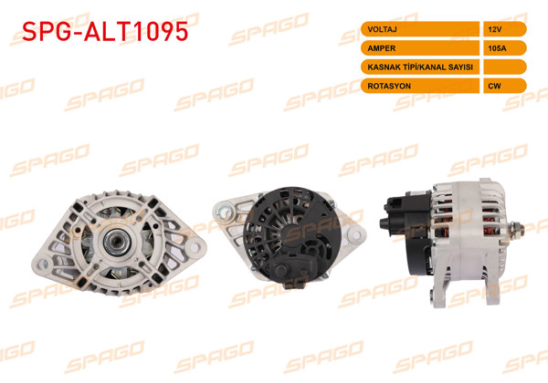 SPAGO SPG-ALT1095 | Alternatör 12V 105A 6Pk (Alt488) Doblo 00-07-Stilo 01-08-Bravo 01-04 / Alfa 147-156 (1.9 JTD Klimalı Araclar İçin)