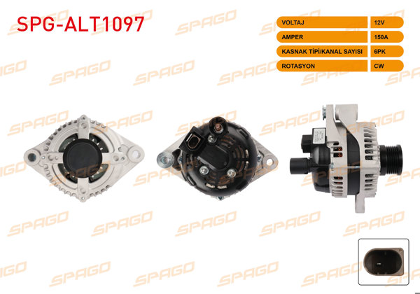 SPAGO SPG-ALT1097 | Alternatör 12V 150A 6Pk (Alt4443) Doblo 16-23-Egea 16-20 / Giulietta 10-/ Renegade 14-(1.6 2.0 Mjt Start-Stoplu Araclar İçin)