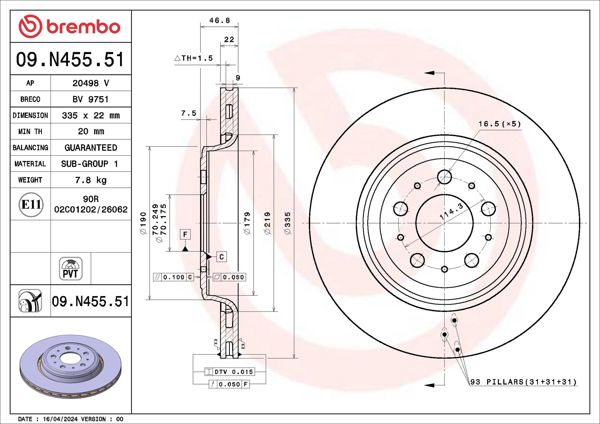 BREMBO 09N45551 *2 | Arka Fren Diski Tesla Model Y Performans 23 > | 2 Adet