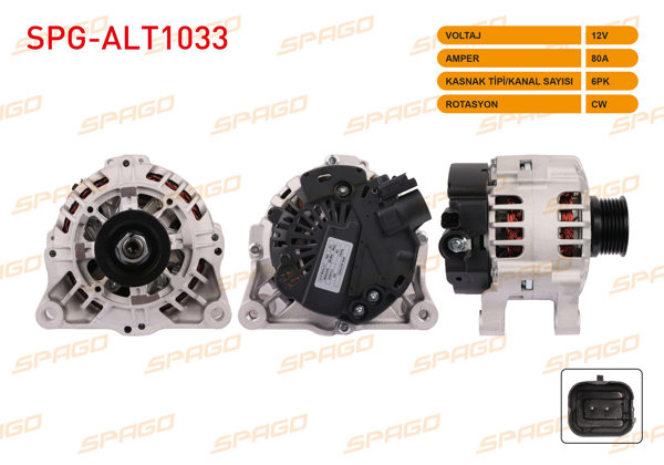 SPAGO SPG-ALT1033 | Alternatör 12V 80A 6Pk (Alt885) Partner Bipper 206 307 / Berlingo Nemo C5 Xsara (Benzinli Araclar İçin)
