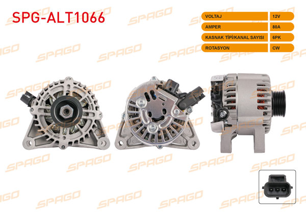 SPAGO SPG-ALT1066 | Alternatör 12V 80A 6Pk (Alt9854) Fiesta 01-10-Fusion 02-12 (1.4 TDCI Araclar İçin)