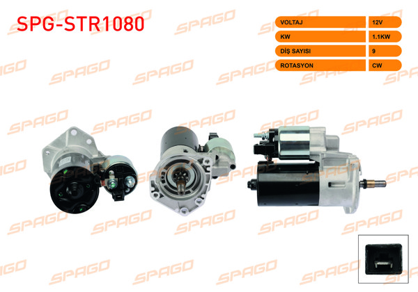 SPAGO SPG-STR1080 | Marş Motoru 12V 1.1Kw 9 Dıs Cw (Str6550) Polo III-Golf III / Ibiza 93-02-Cordoba 94-02 (Benzinli Araclar İçin)