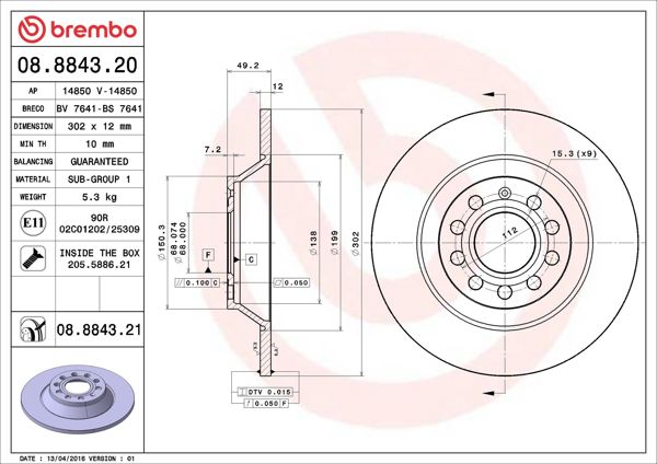 BREMBO 08.8843.21 | Fren Diski (Tek Disk) Arka Vag A6 04-12