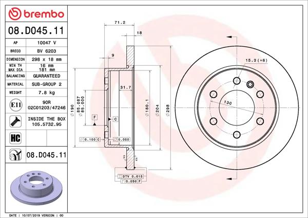 BREMBO 08.D045.11 | Fren Diski (Tek Disk) Arka M.Benz 907 910 18 -