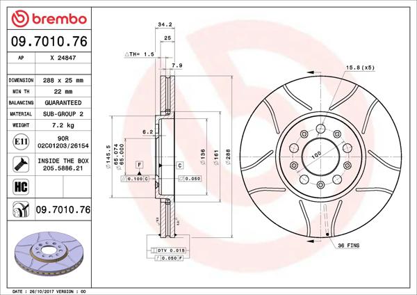 BREMBO 09.7010.76 | Fren Diski Ön 288×25 (VW Golf 98-02 Polo 02-18 Audi A3 97-03 Skoda Octavia 97-11) Max | 2 Adet