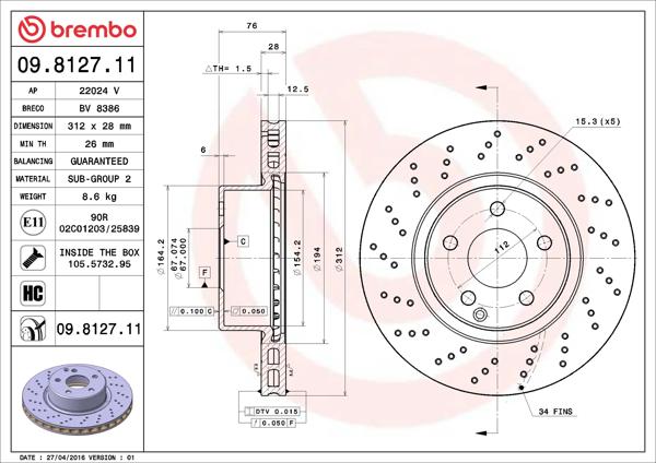 BREMBO 09.8127.11 | Fren Diski Ön Kaplamalı Mercedes W220 S280-S320 1999-2005 | 2 Adet