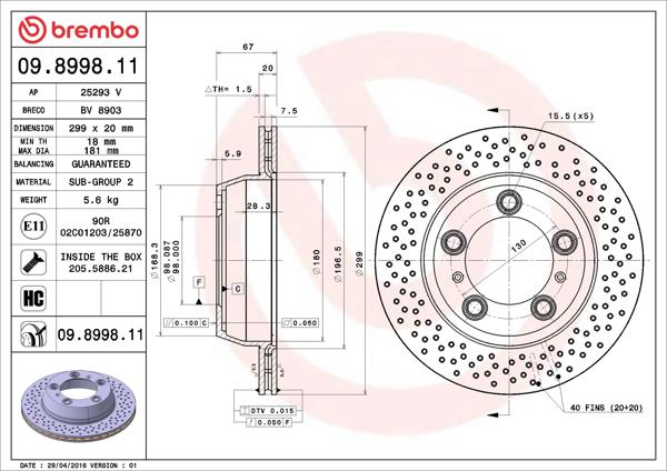 BREMBO 09.8998.11 | Fren Diski Arka UV Coated Porsche | 2 Adet