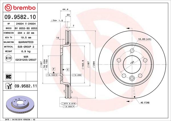 BREMBO 09.9582.10 | Fren Diski Arka (VW Transporter 03 -) | 2 Adet