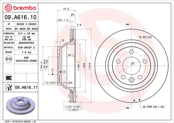 BREMBO 09.A616.10 | Fren Diski (Tek Disk) Arka Vag T5 Touareg 03-16