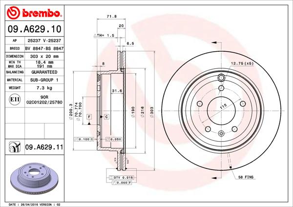 BREMBO 09.A629.11 | Fren Diski Arka UV Coated Chevrolet | 2 Adet
