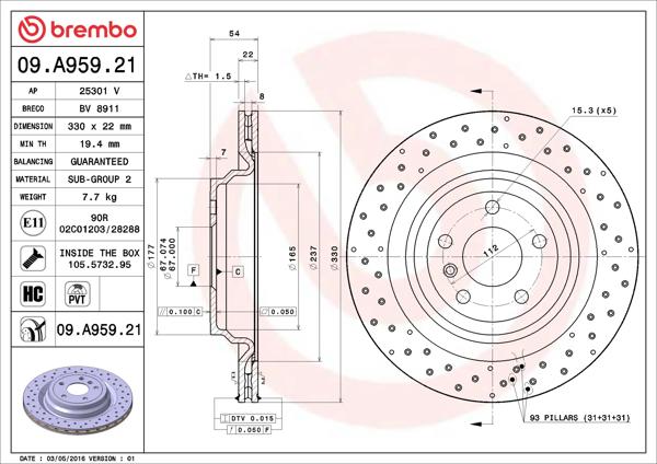 BREMBO 09.A959.21 | Fren Diski Arka Mercedes Gle CLAss W166 / Ml CLAss W166 | 2 Adet