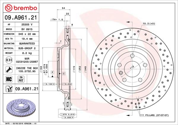 BREMBO 09.A961.21 | Fren Diski Arka UV Coated Mercedes-Benz | 2 Adet