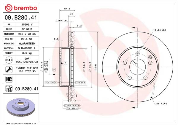 BREMBO 09.B280.41 | Fren Diski (Tek Disk) Ön M.Benz 172 204 207 212 07-17