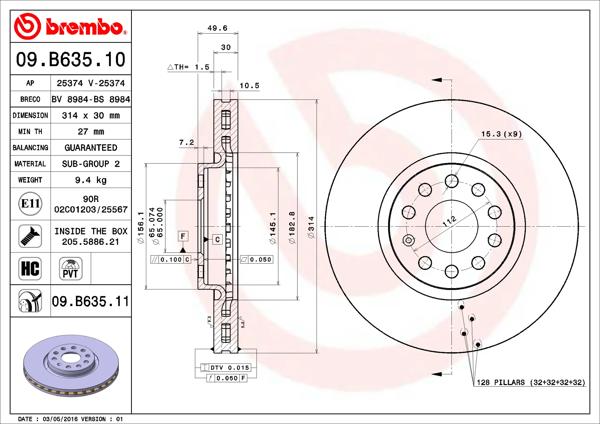 BREMBO 09.B635.11 | Fren Diski Ön-(VW Tiguan 16-Seat Alhambra 11-Skoda Kodiaq 17 -) | 2 Adet