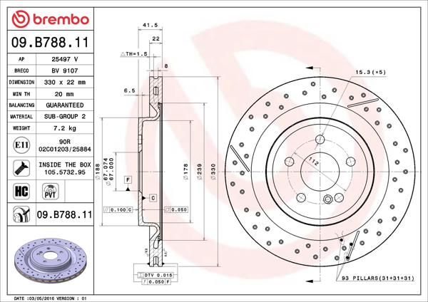 BREMBO 09.B788.11 | Fren Diski Arka UV Coated Mercedes W176 | 2 Adet