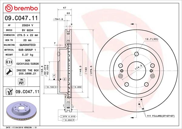 BREMBO 09.C047.11 | Disk Fren Ön (Suzuki Sx4 S-Cross 1.6 / 1.6 Ddıs 13-/ / Vitara 15-/ 1.6 VVTI 280 mm) | 2 Adet
