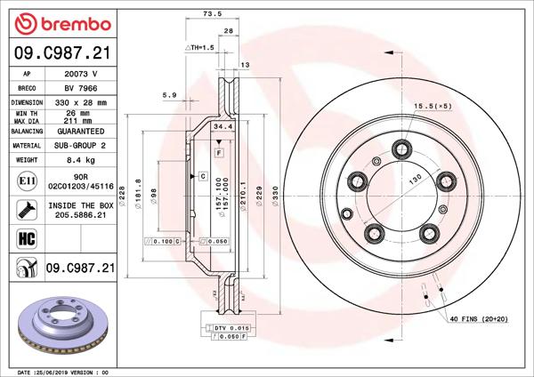 BREMBO 09.C987.21 | Fren Diski Arka UV Coated Porsche | 2 Adet