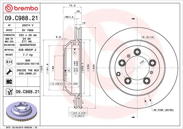 BREMBO 09.C988.21 | Fren Diski Arka Porsche Cayenne 17-UV Coated | 2 Adet
