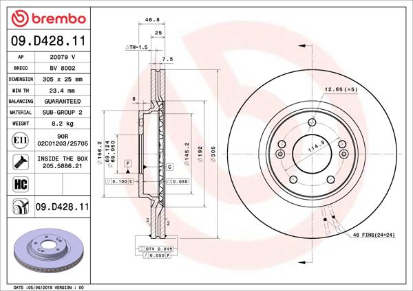 BREMBO 09.D428.11 | Fren Diski Ön Havalı Hyundai Tucson 2015-/ Kona 2018-/ i30 2015-/ Kia Sportage 2015-/ 305×5 | 2 Adet
