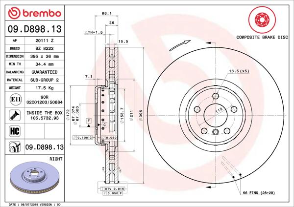 BREMBO 09.D898.13 | Fren Diski Ön Sağ BMW 7 (G12) ,8 (G14) ,8 (G15) ,8 (G16) ,X4 (G02) ,X5 (G05) ,X6 (G06) ,X7 (G07)