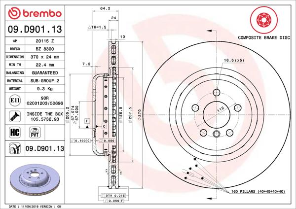 BREMBO 09.D901.13 | Fren Diski Arka BMW G30 G11 G12 16 > | 2 Adet