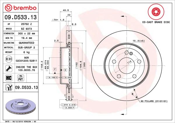 BREMBO 09.D533.13 | Fren Diski (Tek Disk) Arka M.Benz 205 213 238 253 257 14-24