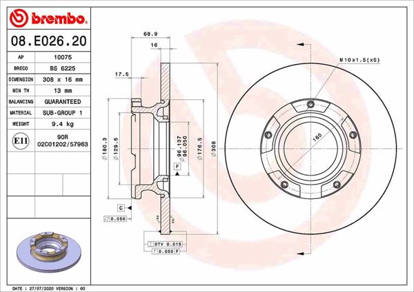 BREMBO 08E02620 | Arka Fren Disk Aynası Transit Custom V362 12 > ABS Lı O.Ceker Cap 308 16 | 1 Adet