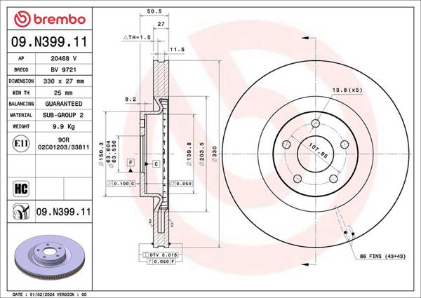 BREMBO 09N39911 | Ön Fren Disk Ayna Kuga III 19 > Dış: 330mm | 1 Adet