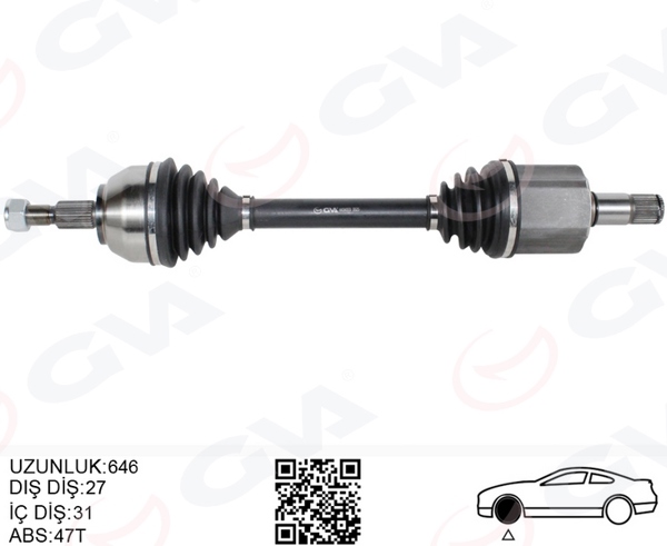 GVA 4434003 | Ön Aks Komple Sol Kuga I 2.0 TDCI 08 > 14 Power. Otom. 6 Vitesli Çift Kavrama 4X4 646 mm Diş 27 İ Ç Dişli 31