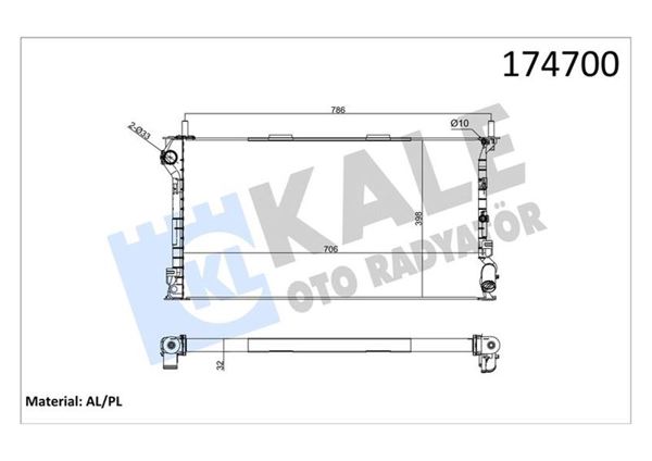 KALE 0224292AL | Su Radyatörü (706X396x32) (Klimalı) Ford Transit Connect 18 16V 18 TDCI 90Ps 13-(Alüminyum)