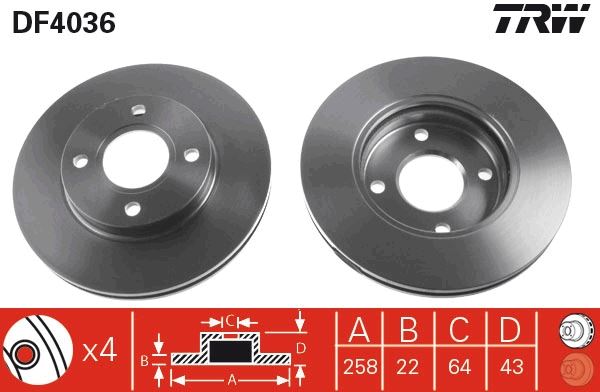 TRW DF98009S | Ön Fren Aynası Focus 98-04 Fiesta 1.4 TDCI 96 > Fusion 02 > Ka 03 > Mazda 2 03 > 258X22x4dlxhavalı 8213017