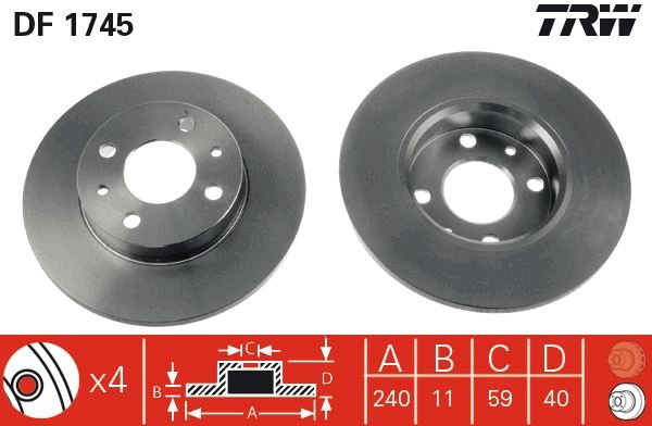 TRW DF98012S | Ön Fren Diski Fiat 500 500C 07 > Tipo-Punto-Tempra-Panda-Marea-Bravo 96 > Alfa Romeo 145-146-155 92 > Ford Ka 08 > 12 240.5X11 4Delik