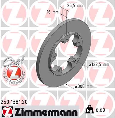 ZIMMERMANN 250.1381.20 | Arka Fren Diski Transit V363 14 > Tek Teker A.Ceker Düz 308mm 5 Bijon | 2 Adet