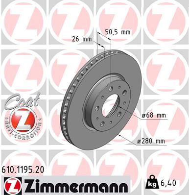 ZIMMERMANN 610.1195.20 | Ön Fren Aynası Volvo 850 91-97-S70-C70-V70-960-2.0-2.5-2.5 20V-2.5 TDI 97 > 280X26x5dlxhavalı 986478603-Df2671 | 2 Adet