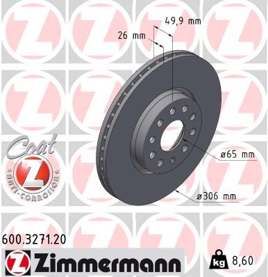 ZIMMERMANN 600.3271.20 | Fren Diski Ön Caddy Golf 8, A3 Leon, Cupra Formentor 2020 > 306 Çap | 2 Adet