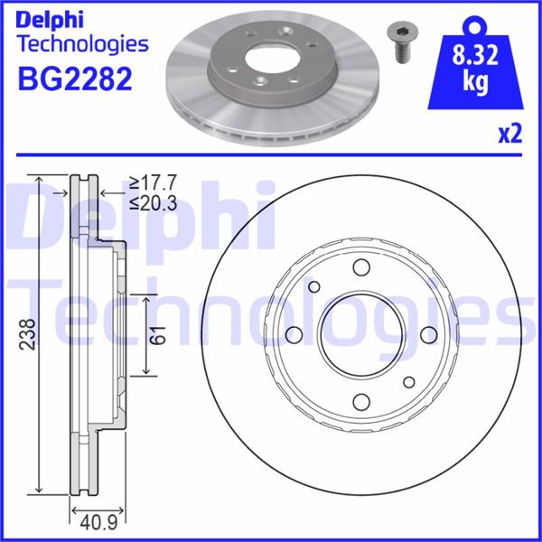 DELPHI BG2282 | Fren Diski Ön Küçük Havalı Kanallı Clio II Kangoo II Logan R19 R21 Manager Symbol Thalia