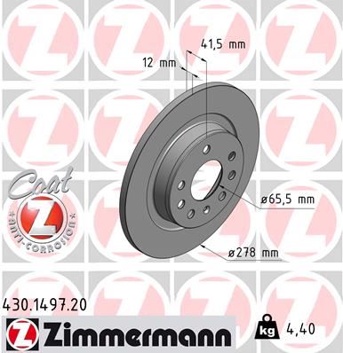 ZIMMERMANN 430.1497.20 | Arka Fren Aynası Vectra C 02 > Sıgnum 03 > Saab 9.3 02 > Croma 05 > 278X12x5dl Dolu | 2 Adet