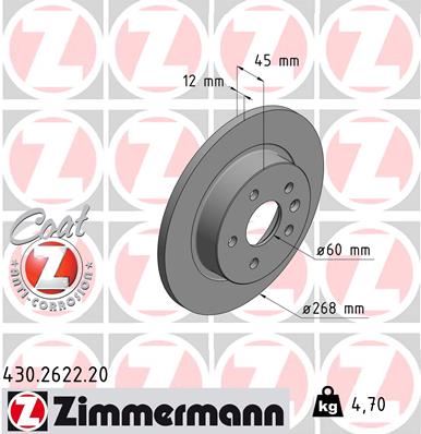 ZIMMERMANN 430.2622.20 | Arka Fren Aynası Astra J 09 > Mokka 13 > Cruze 09 > Aveo 11 > Trax 12 > 268.5X12x5dl Dolu 569074-9 5527032-95527032 | 2 Adet