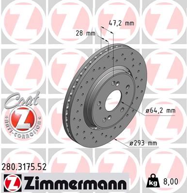ZIMMERMANN 280.3175.52 | Honda CRV 07-15 Performans Delikli Ön Fren Diski Kaplamalı 293*5 | 2 Adet