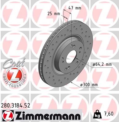 ZIMMERMANN 280.3184.52 | Honda Civic 06 > Hb CRV 01-07 Performans Delikli Ön Fren Disk Kaplamalı 300*5 | 1 Adet