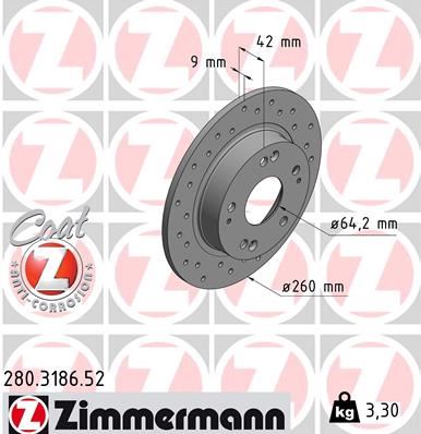 ZIMMERMANN 280.3186.52 | Honda Civic 06-Performans Delikli Arka Fren Diski Kaplamalı 260*5 | 2 Adet