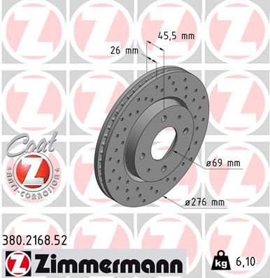 ZIMMERMANN 380.2168.52 | Mitsubishi Lancer 03-08 Performans Delikli Ön Fren Disk Kaplamalı 276*4 | 1 Adet